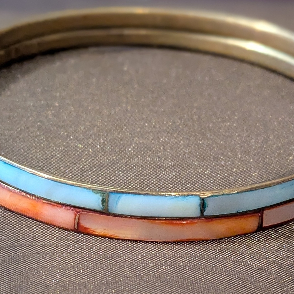 Vintage Brass With Pink And Blue Mother Of Pearl Inlay Bangle Bracelets